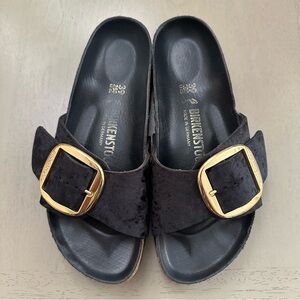 Birkenstock Madrid Black Suede Sandals with Gold Buckle Size 39 (8-8.5)